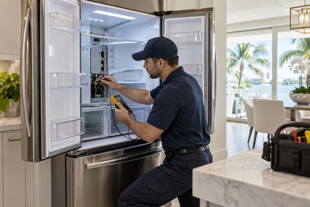Technician testing a French-door refrigerator